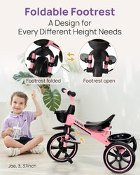 KRIDDO 2-in-1 Toddler Tricycle with Push Handle: Ages 18 Months to 5 - Pink - image 3