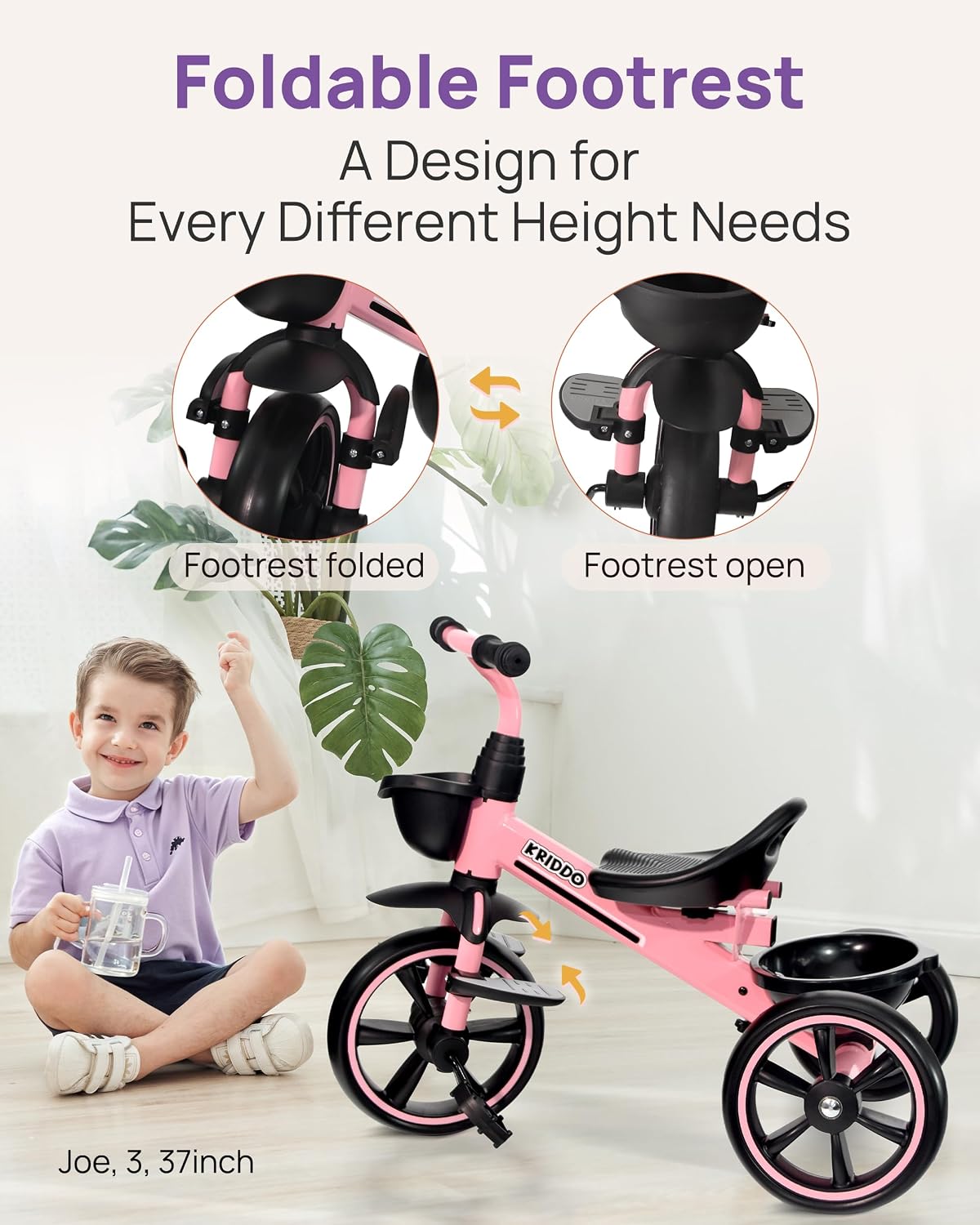 KRIDDO 2-in-1 Toddler Tricycle with Push Handle: Ages 18 Months to 5 - Pink - image 3