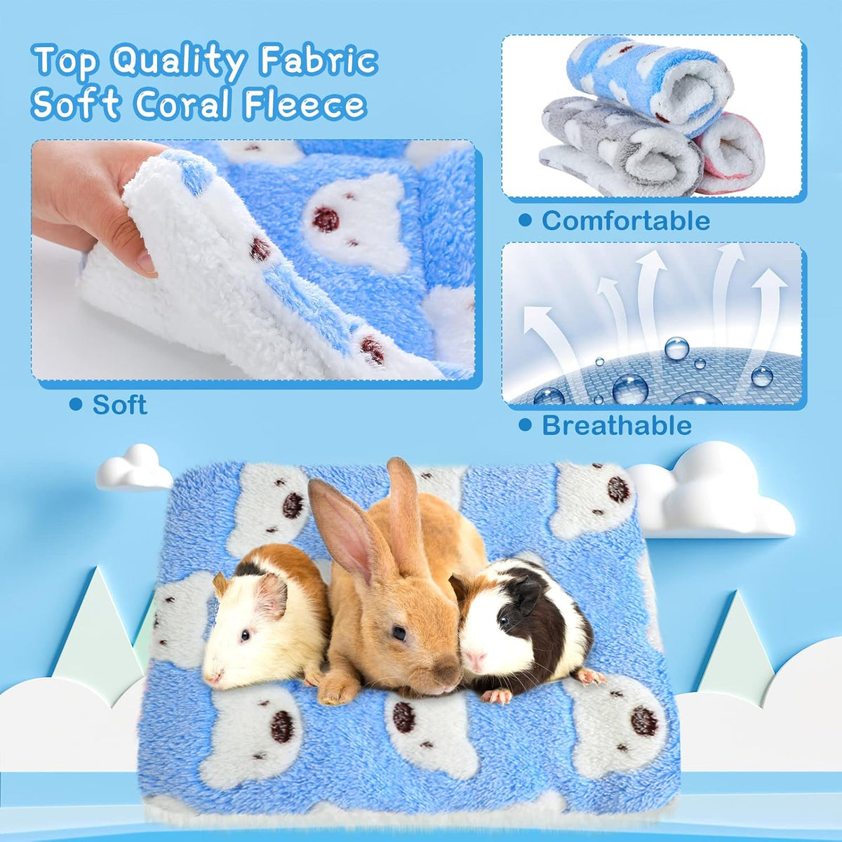 Jetec 3 Pcs Guinea Pig Beds, Fleece Small Animal Mats - Fleece / Bear / Light Pink - image 3