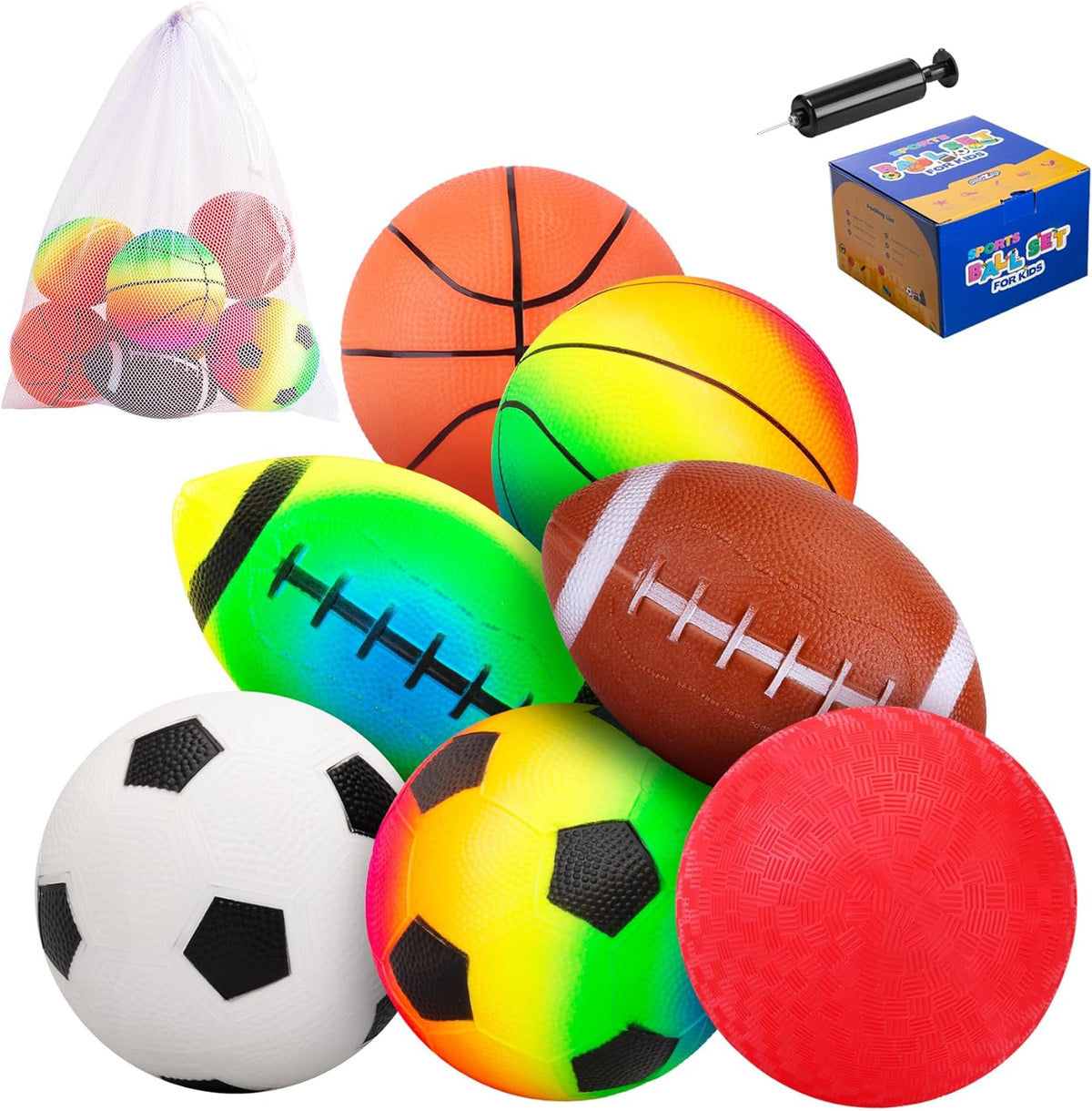 PlayZap 7 pack of 5 inch soft rubber sports balls for kids, including rainbow designs