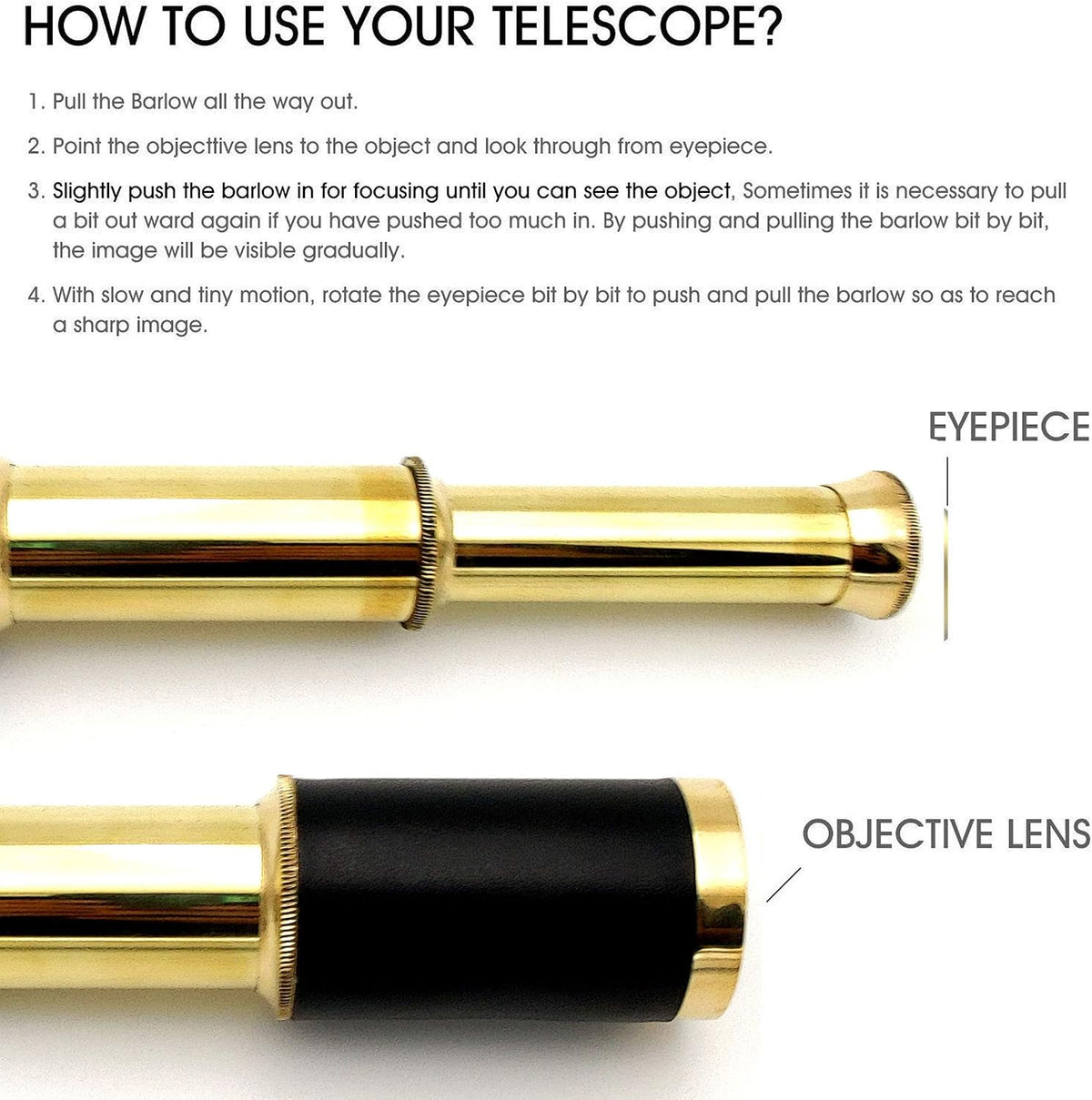 5moonsun5 6 inch brass spyglass telescope with black leather wrap, compass and wooden box - view 4