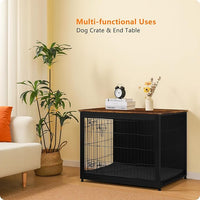 DWANTON Dog Crate Furniture with Cushion, Wooden Kennel Table with Double Doors, Indoor Dog House, Large Size, 38.5" L, Black+Rustic Brown