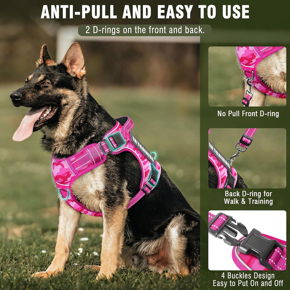Tactical Dog Harness and Leash Set with 10 Patches for Large Dogs – Essentials for Dogs - Large / Camo Pink - image 3