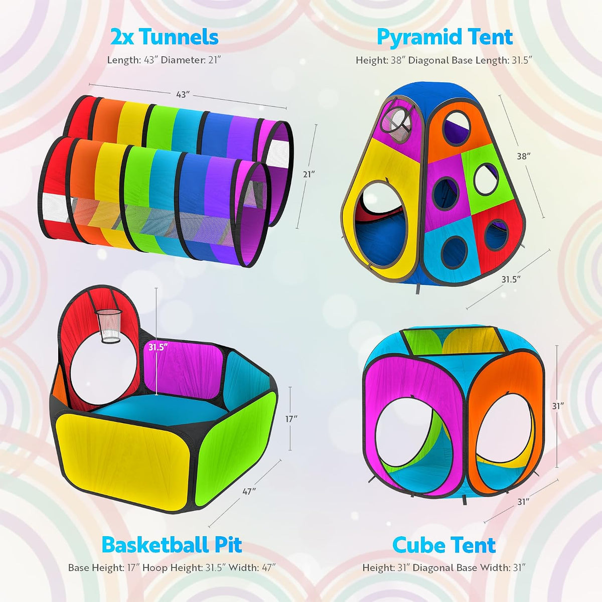 Playz 5pc Pop Up Play Tent and Crawl Through Tunnels for Kids w/Carry - Rainbow Multicolor - image 3