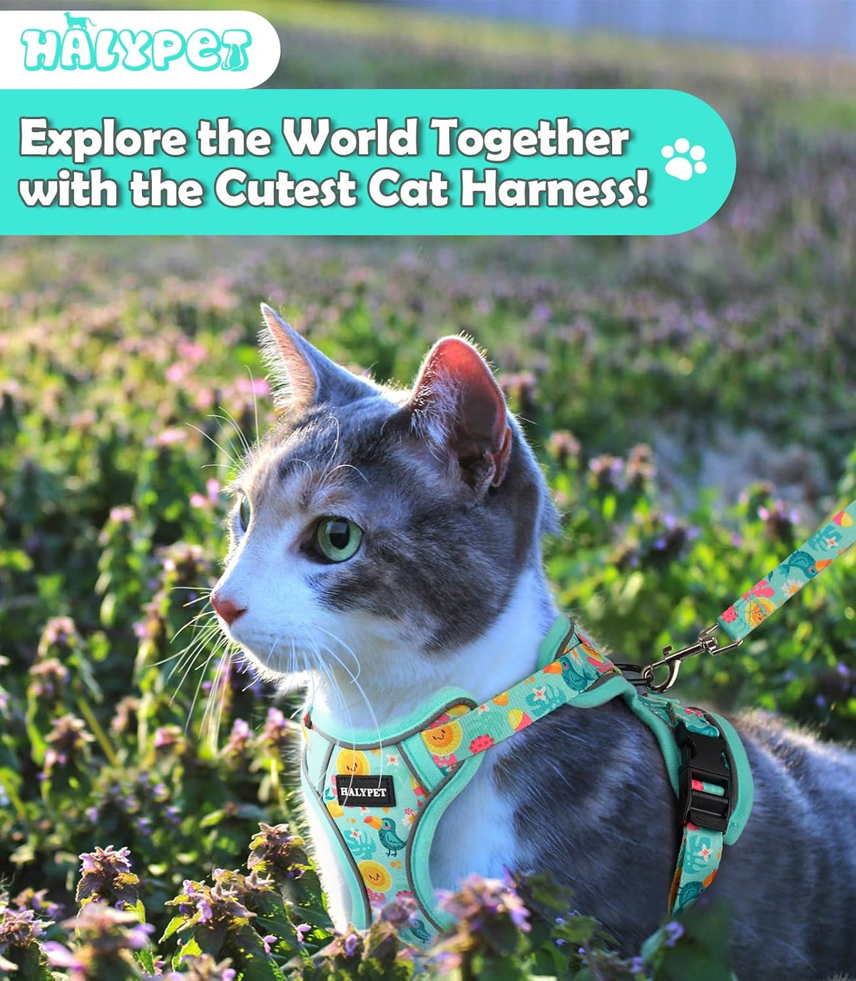 Cat Harness and Leash Set[MAX Safety 4th-Gen] Cute Escape Proof Vest - H603 Pro Green Tropics / Medium (13-18lb) - image 2