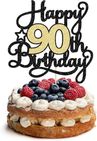 1Pc Happy 80th Birthday Cake Topper Black Gold Glitter Cheers to 80 - 90th