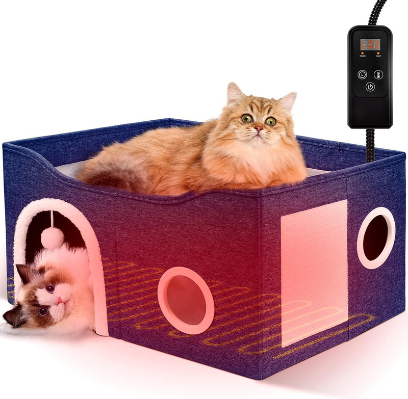 Indoor Heated Cat House, Adjustable Temperature Cat Heating Bed with Timer and Chew Resistant Cord