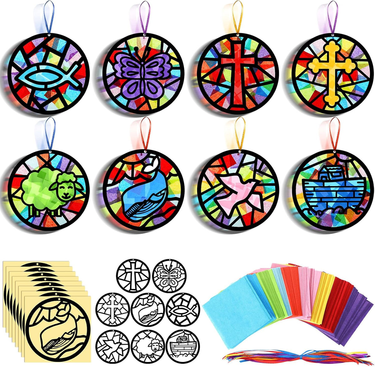 Eersida butterfly suncatcher craft kit with colorful tissue paper butterflies hanging in a window - view 8