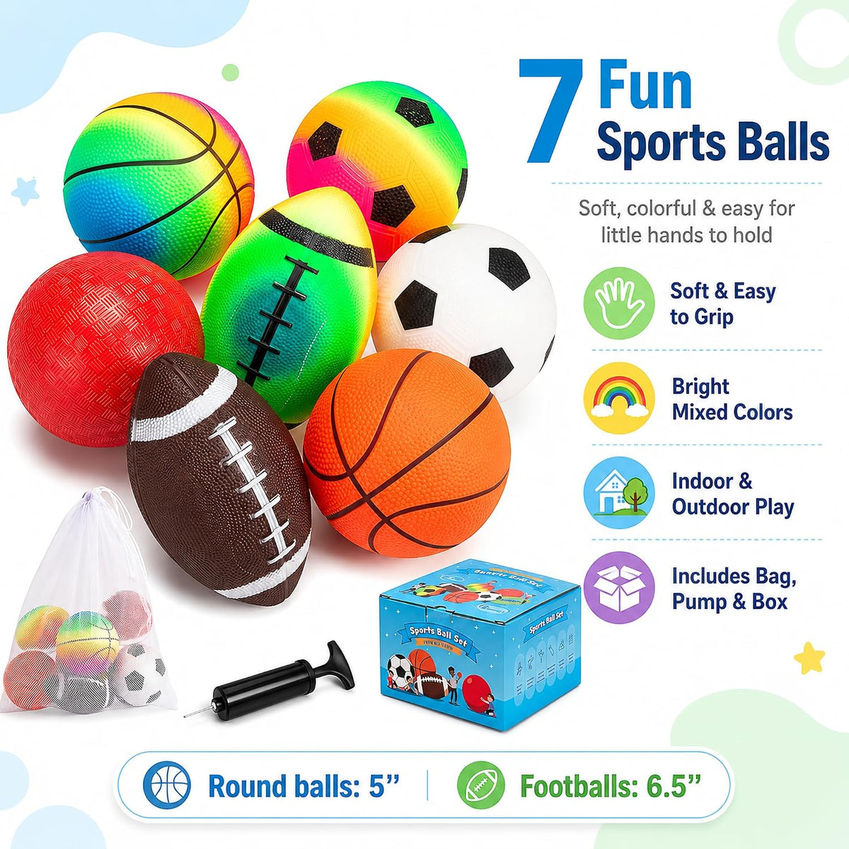 Soft Sports Balls for Kids - 7 Inflatable Balls 5" - image 2