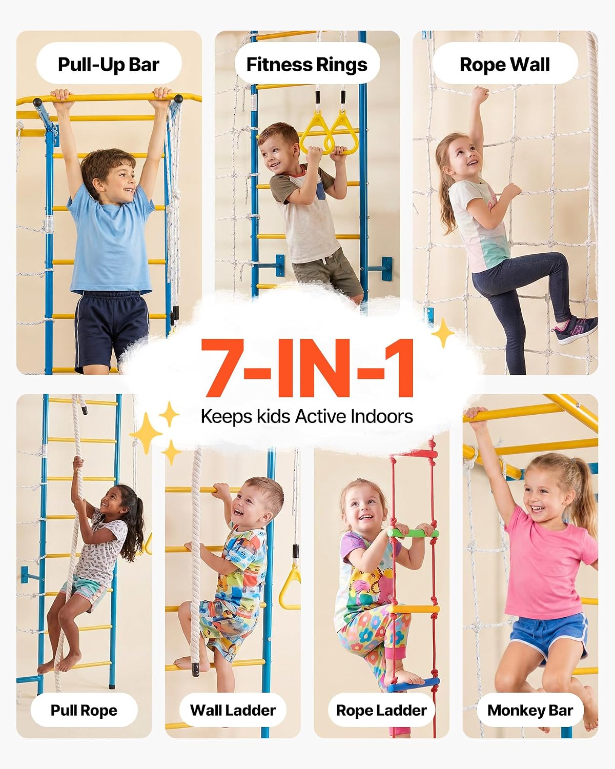 VEVOR indoor jungle gym for toddlers, multicolor 7-in-1 climbing set with rope ladder and gym rings - view 2