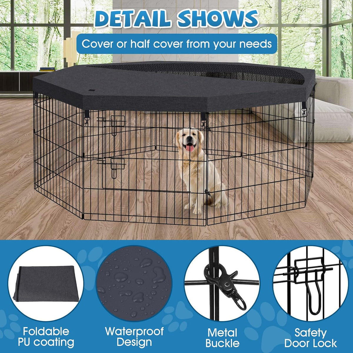 Artmeer 24"H Dog Playpen with Door & Octagonal Top Cover - 24"H Playpen + Octagonal Top cover - image 3