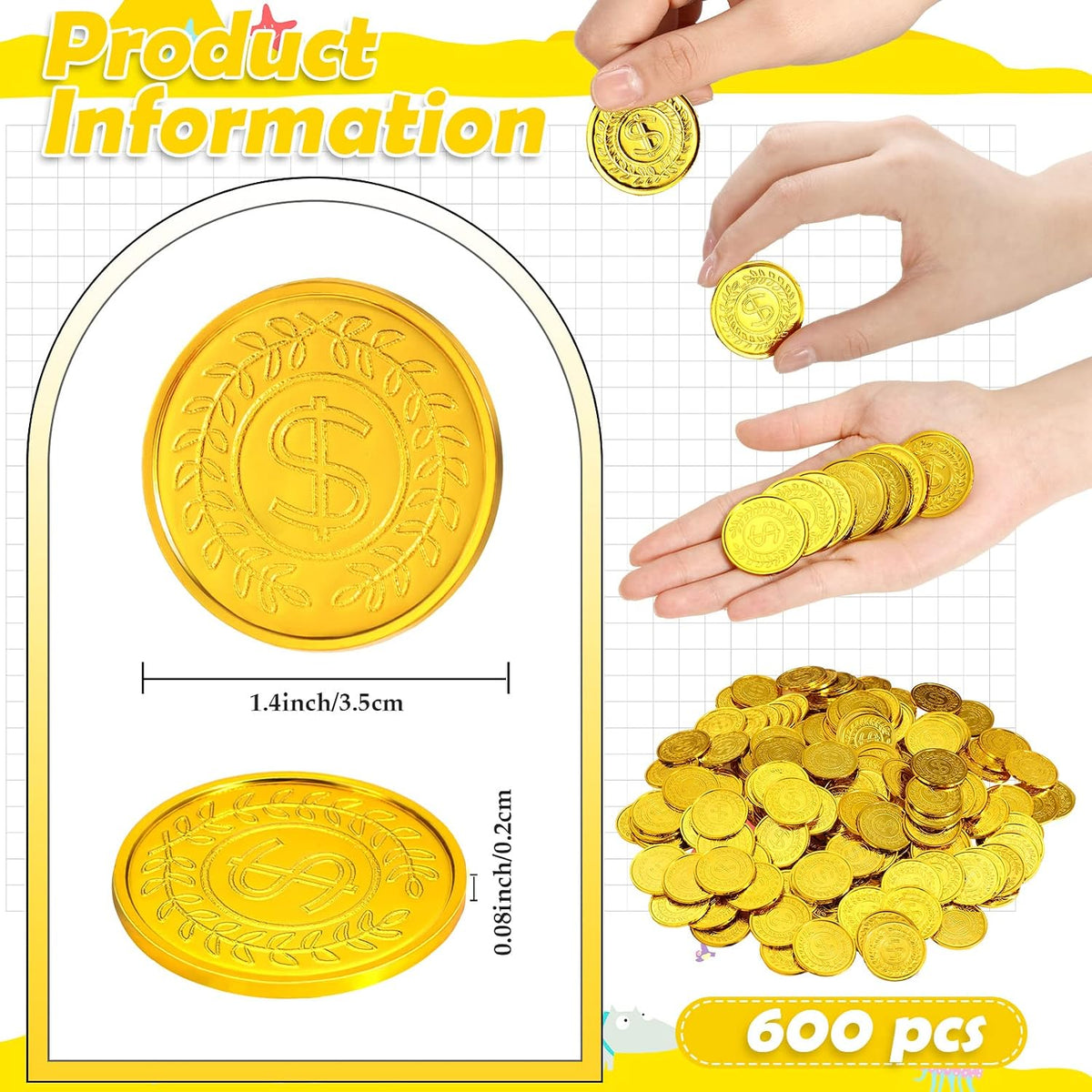 Hanaive plastic pirate gold coins in a pile, 1.38 inch coins with dollar sign design - view 11