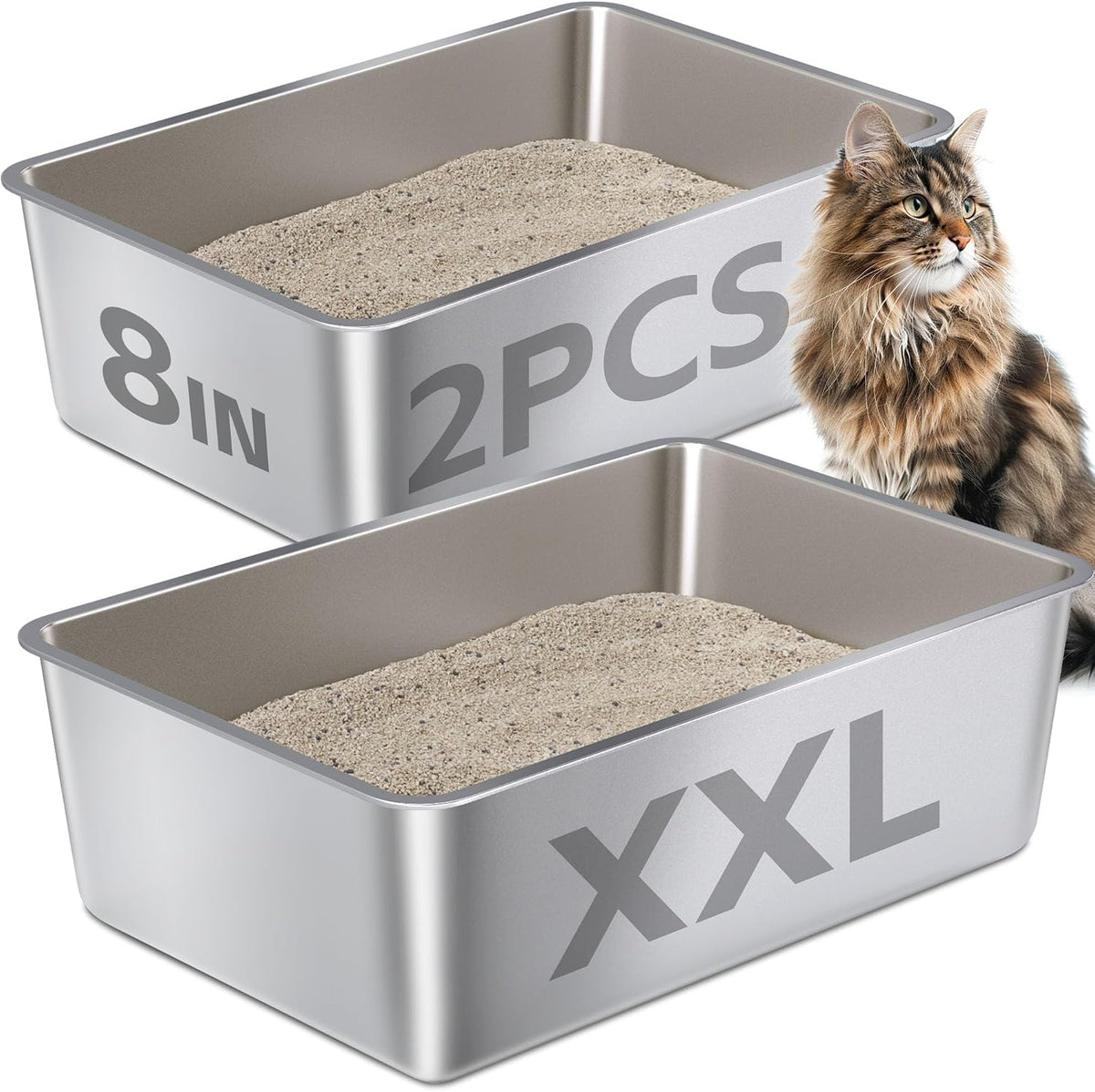 Stainless Steel Litter Box 2 Pack，Metal Litter Box - 2packs-XXL-8" H