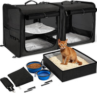 Extra Large Cat Carrier for 2 Cats with Travel Litter Box - Black / Dual Carriers