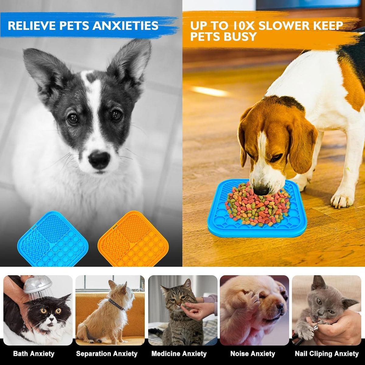 Lick Mat for Dogs - Slow Feeder Licking Mat with Suction Cups for Peanut Butter, Food Treats - Large / 2PCS Blue+Orange - image 4