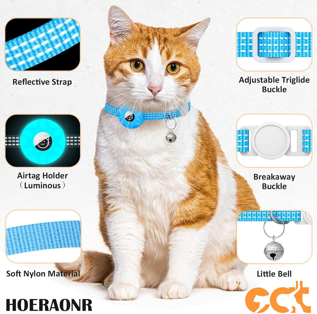 AirTag Cat Collar, Reflective Kitten Collar Breakaway – Essentials for Cats - Black/Luminous Blue - image 3