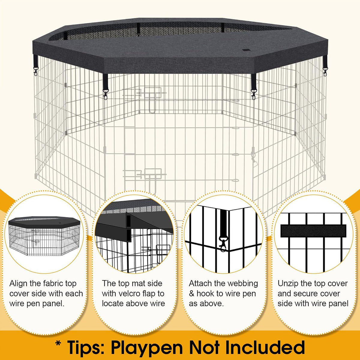 PEEKABOO Foldable Rustproof Dog Playpen with Door, 8 Panels 24"H – Essentials for Dogs - Only Octagonal Top Cover - image 4
