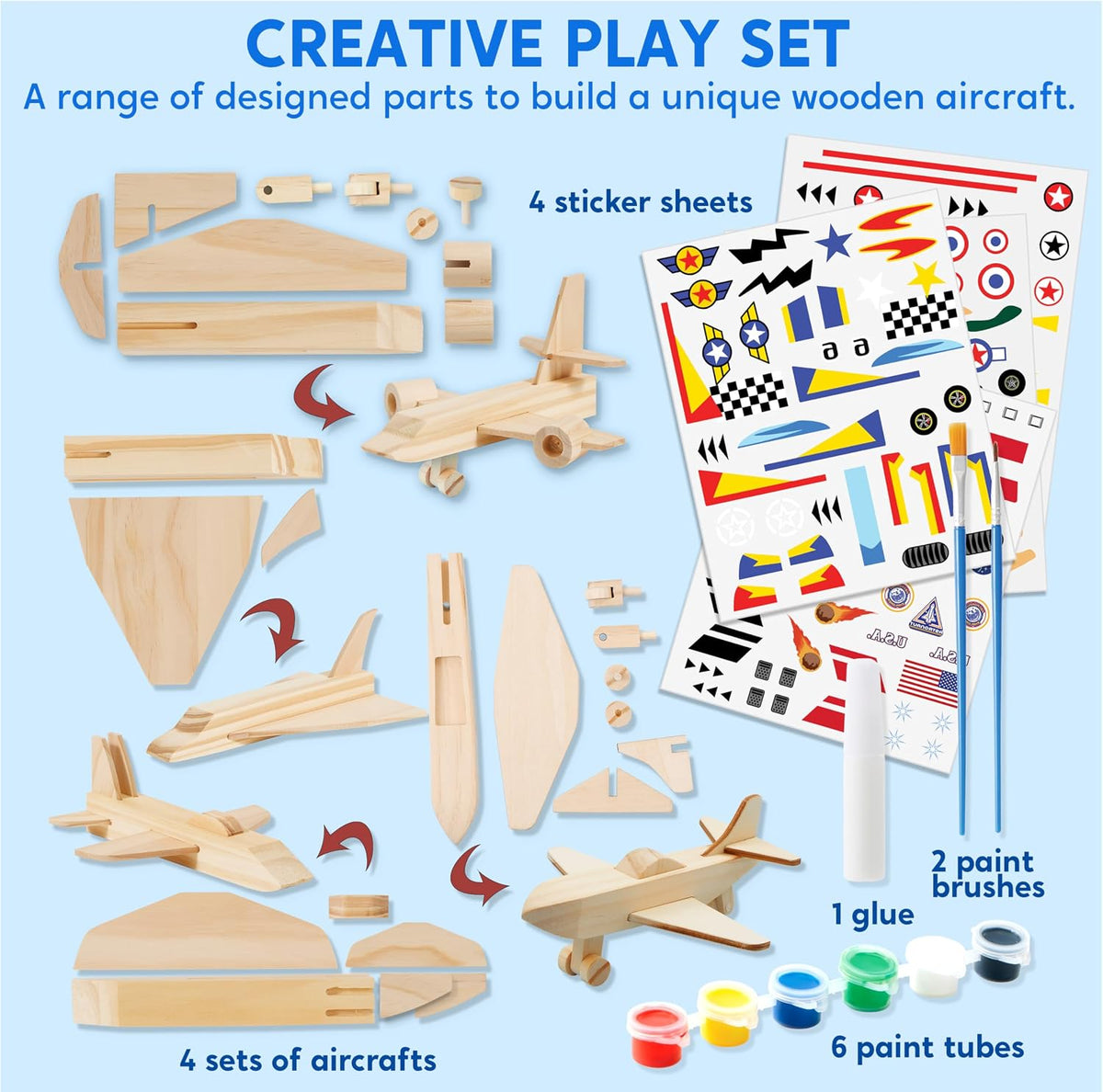 Klever Kits wooden airplane craft kit with space shuttle, jet, passenger plane and military aircraft - view 2