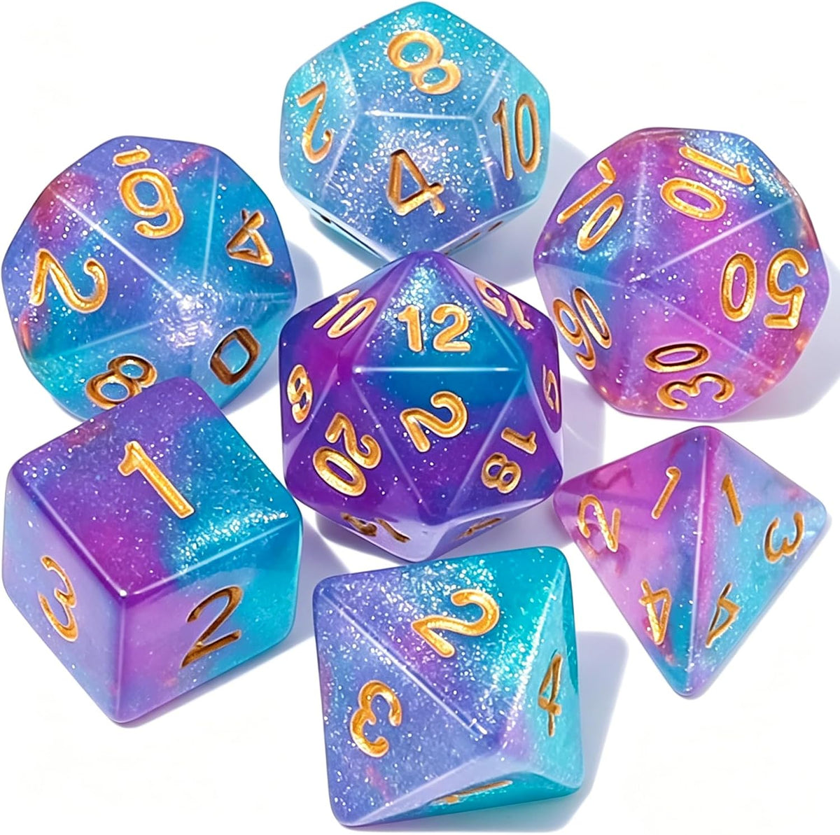QMAY DND Dice Set - 7Pcs Blue Mix White Polyhedral Dice with Black Dice Bag – Fun for Kids & Family - Purple Light Blue Glitter