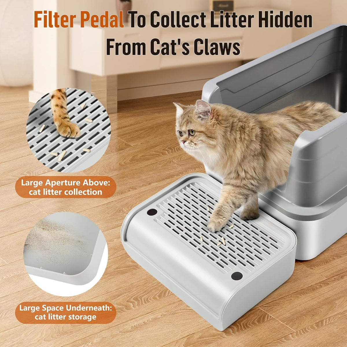 Cat Litter Box Step, Large Cat Litter Ramp with Filter Function - Light Grey Raised - image 3