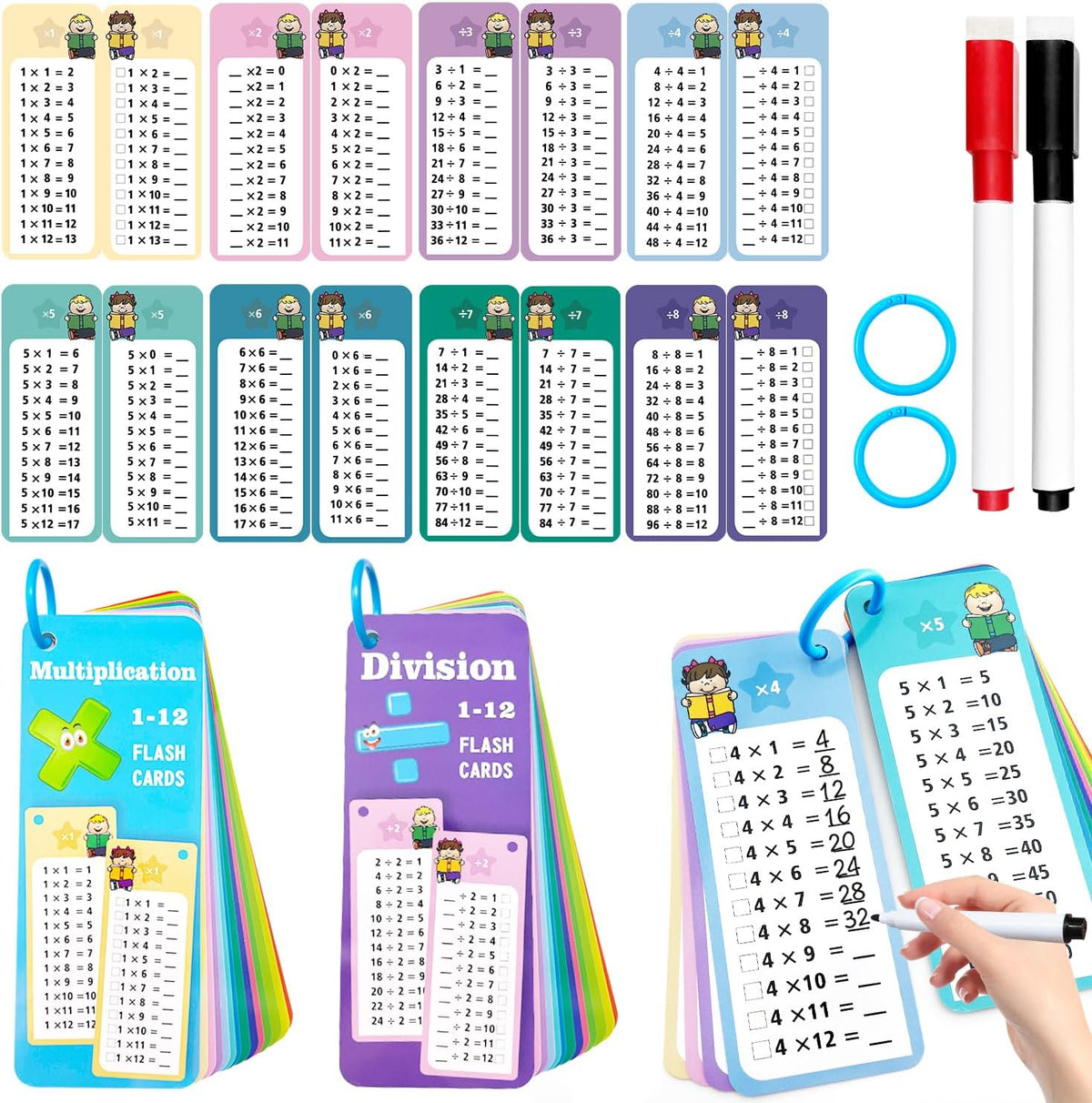 Anemeeoke 1-12 multiplication flash cards with dry erase markers and binder ring - view 2