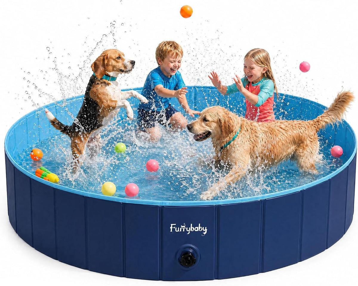Furrybaby Foldable Dog Pool Non-Slip Hard Bath Tub Indoor Outdoor - 64*12inch / Navy