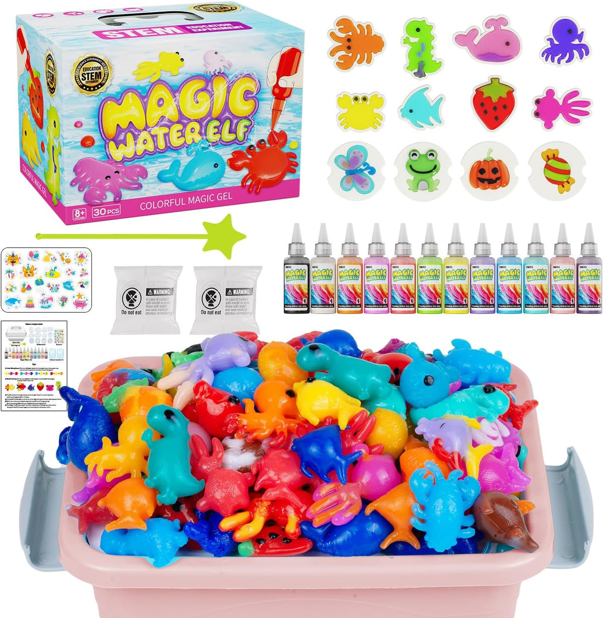 Magic Water Toy Elf Kit,DIY Squishy Water Pets with 12 Gels & 12 Molds – Fun for Kids & Family - Pink