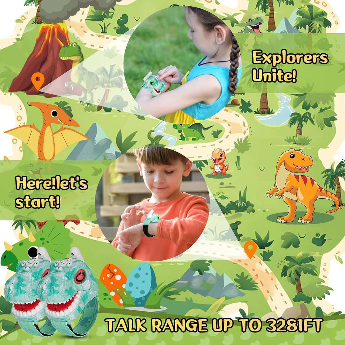 Fygurso kids walkie talkies, 2-pack green dinosaur design with adjustable wristbands - view 4