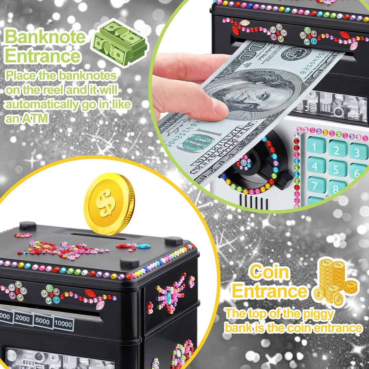 Piggy Bank for Kids Girls Boys with Password Code Lock Cash Coin Can - Black - image 2