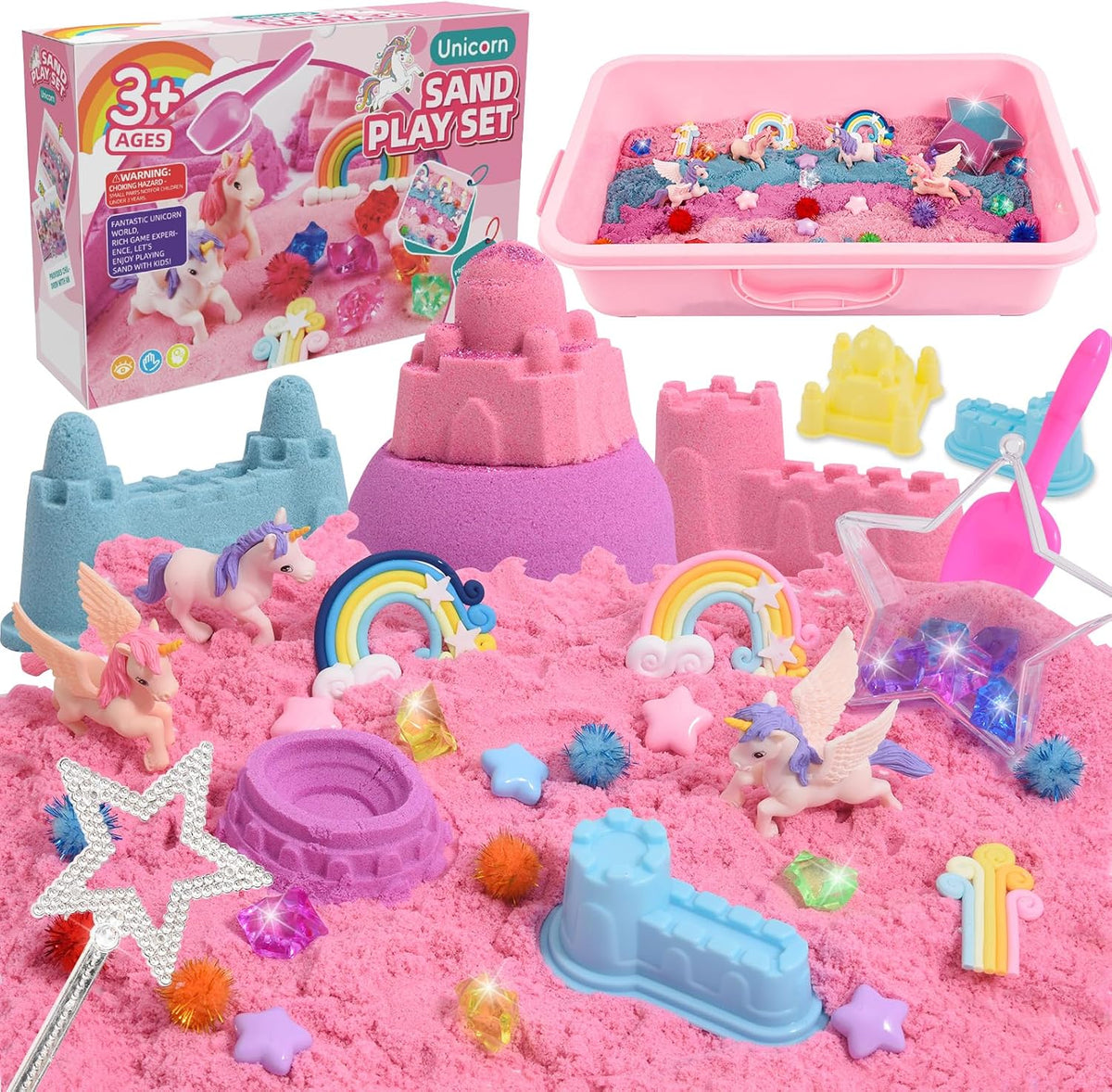 Volmop unicorn sensory bin with sandbox, colored play sand, castle molds and unicorn decorations - view 2