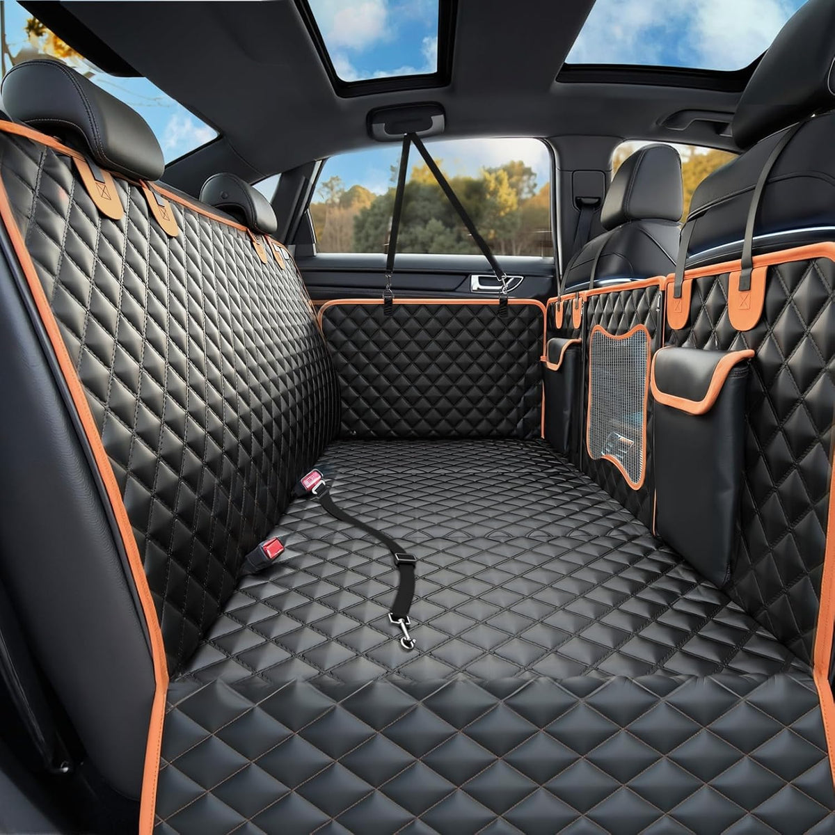 Back Seat Extender for Dogs - Black with Orange / For Cars/Mid-Size SUV/Small Truck