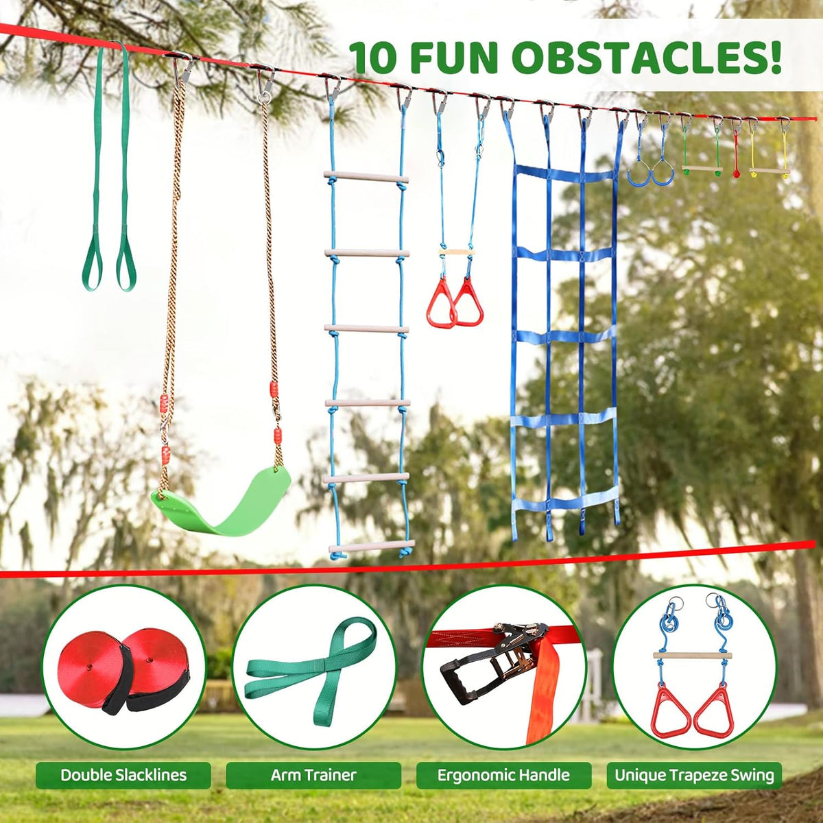 Ninja Warrior Obstacle Course for Kids Backyard - 2x50FT + 10 attachments - image 3
