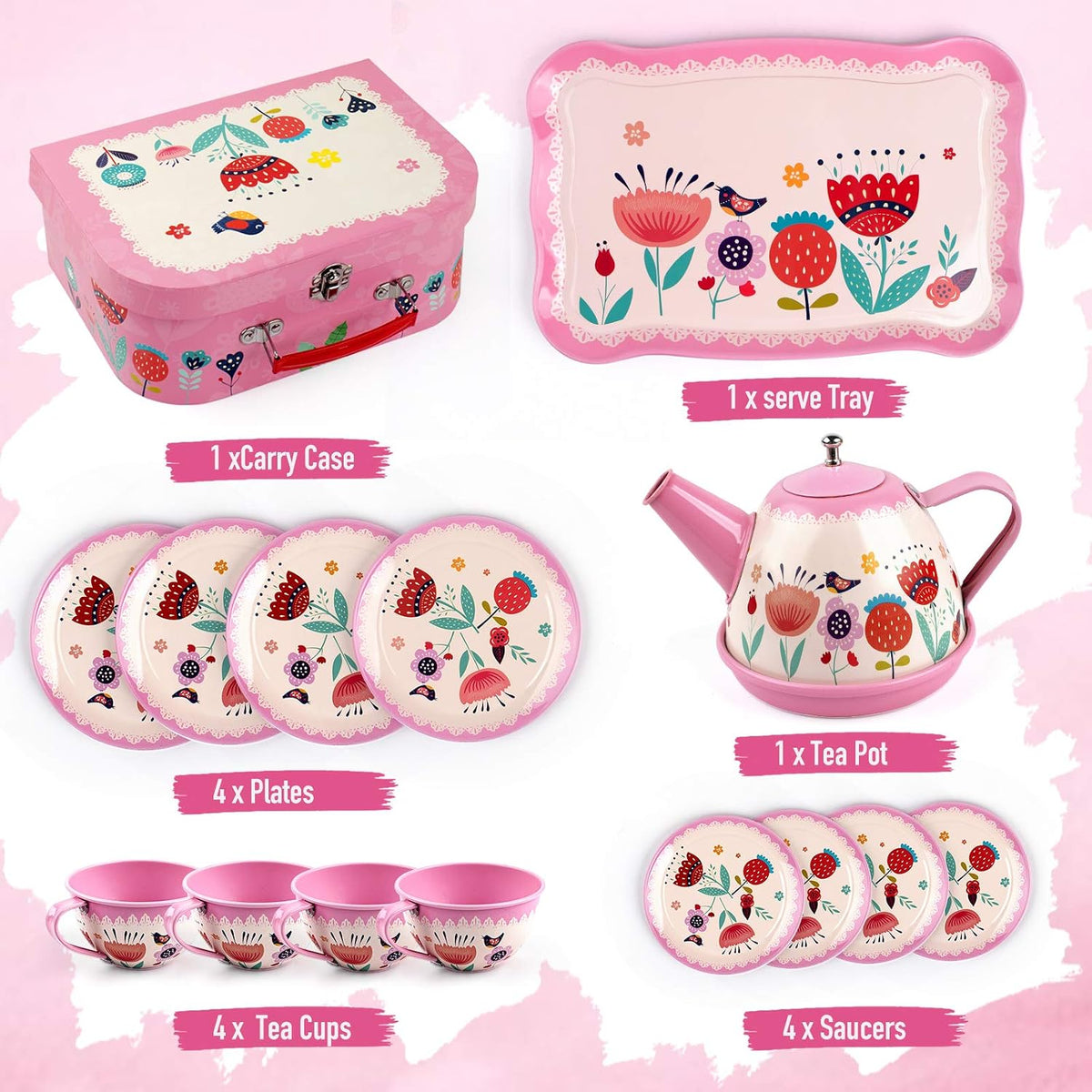 D-FantiX 15 piece pink tin tea party set with teapot, cups, saucers and suitcase - view 2