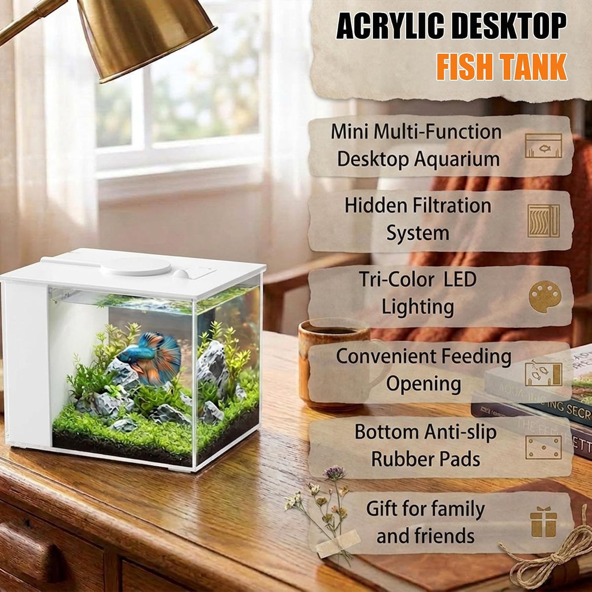Betta Fish Tank 1 Gal, Acrylic Nano Aquarium Kit Black – Essentials for Fish - White - image 2