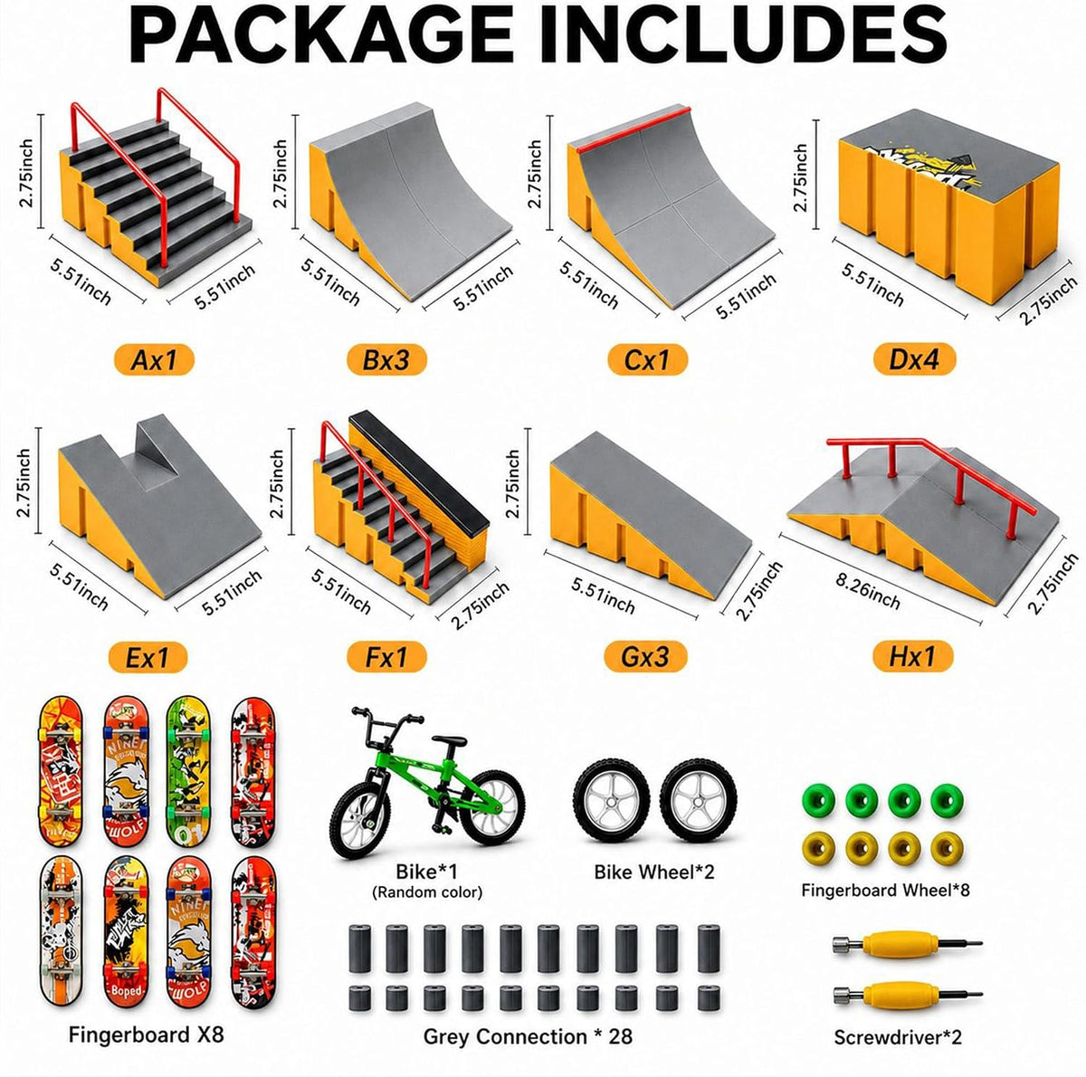 RNGODO 14-in-1 fingerboard skatepark set with ramps, rails, 8 finger skateboards and finger bike - view 6