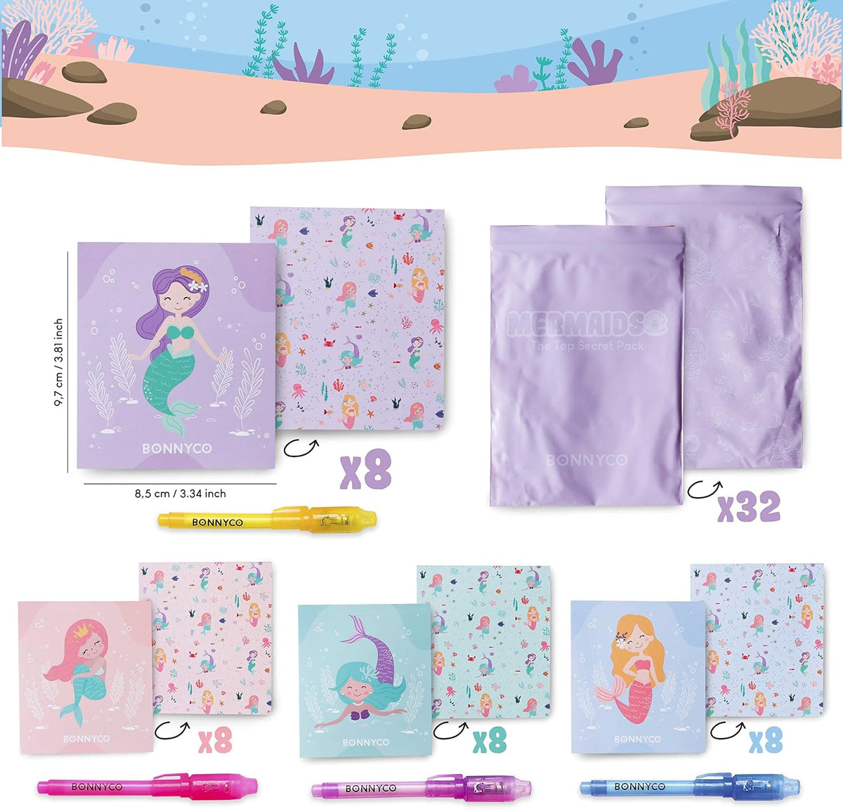 BONNYCO Invisible Ink Pen and Notebook Pack of 16 Party Favors - Mermaids - Pack 32 - image 2