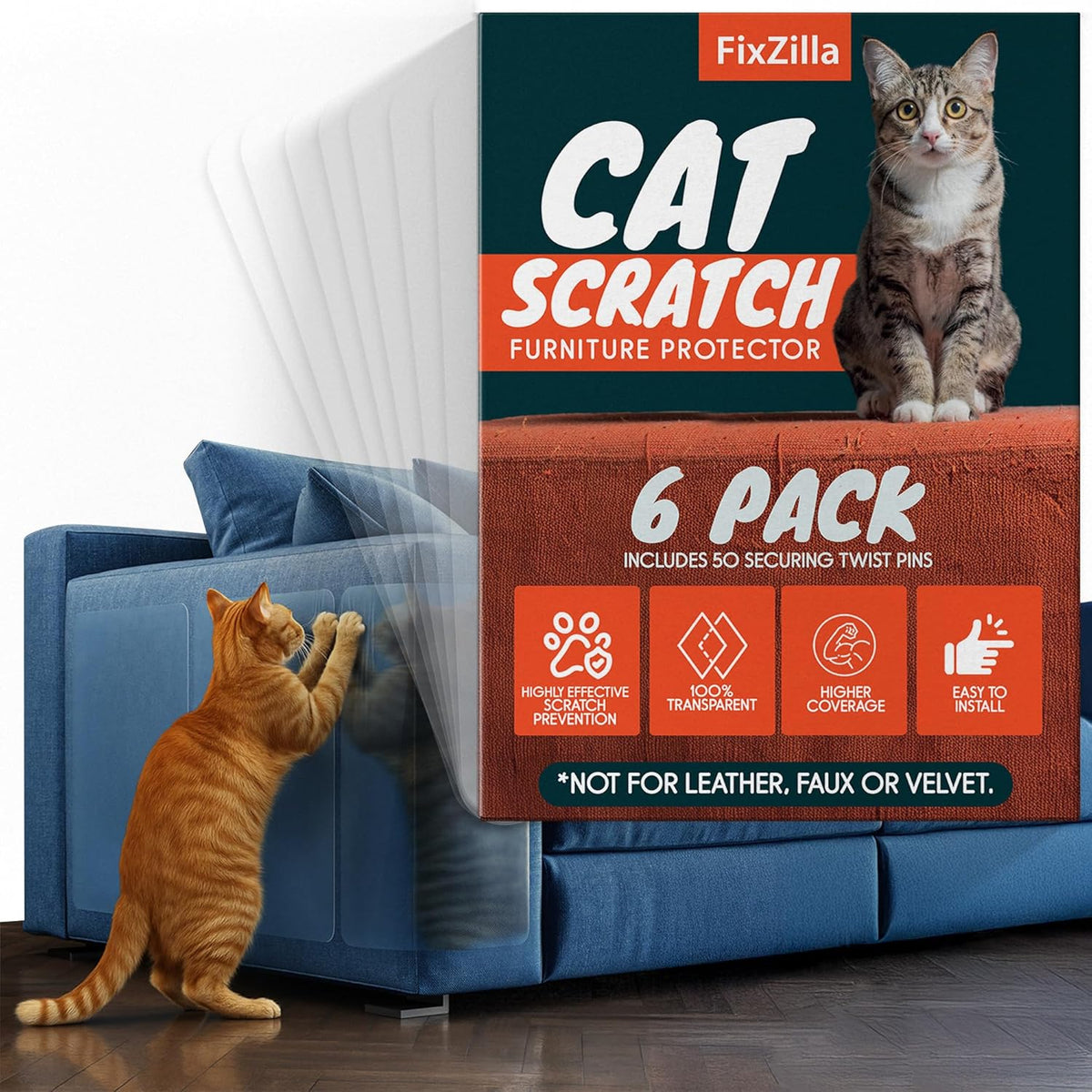 Anti Cat Scratch Furniture Protector, Heavy-Duty - 6-Pack + 52 Pins