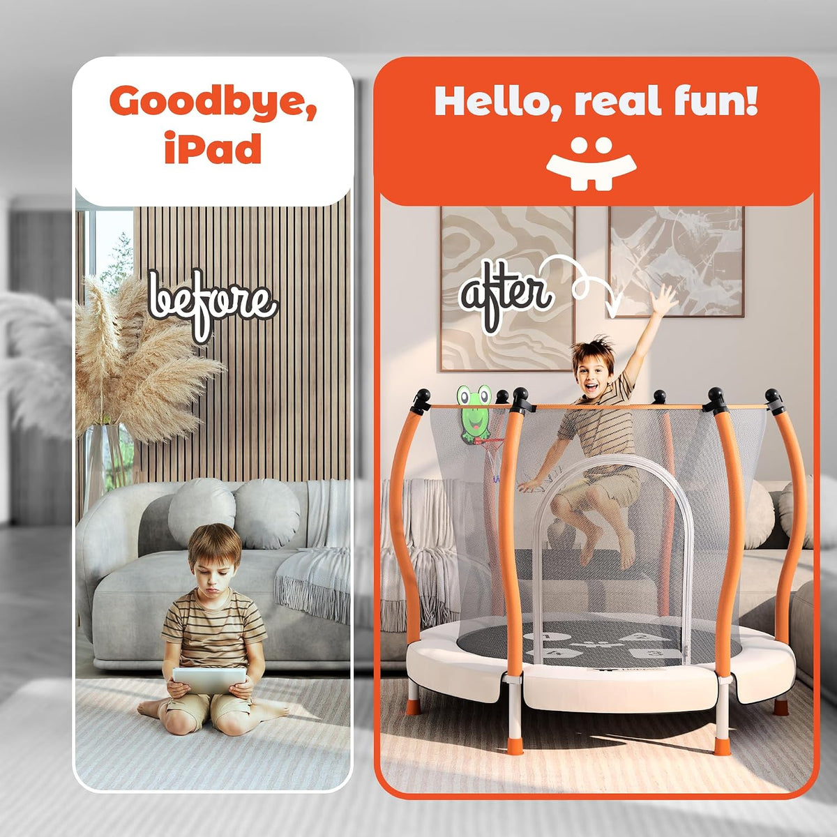 Happin 55’’ Trampoline for kids Safety Enclosure - Beige-Orange / Classic - image 2