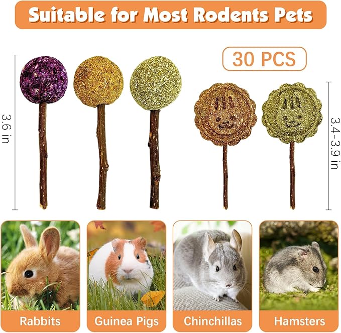 Fhiny Rabbit Chew Toys, 30 PCS Natural Bunny Lollipop Chew Sticks Handmade Guinea Pig Molar Treats for Teeth Small Animals Snacks for Guinea Pig Bunny Chinchilla Hamster Gerbil Teeth Care