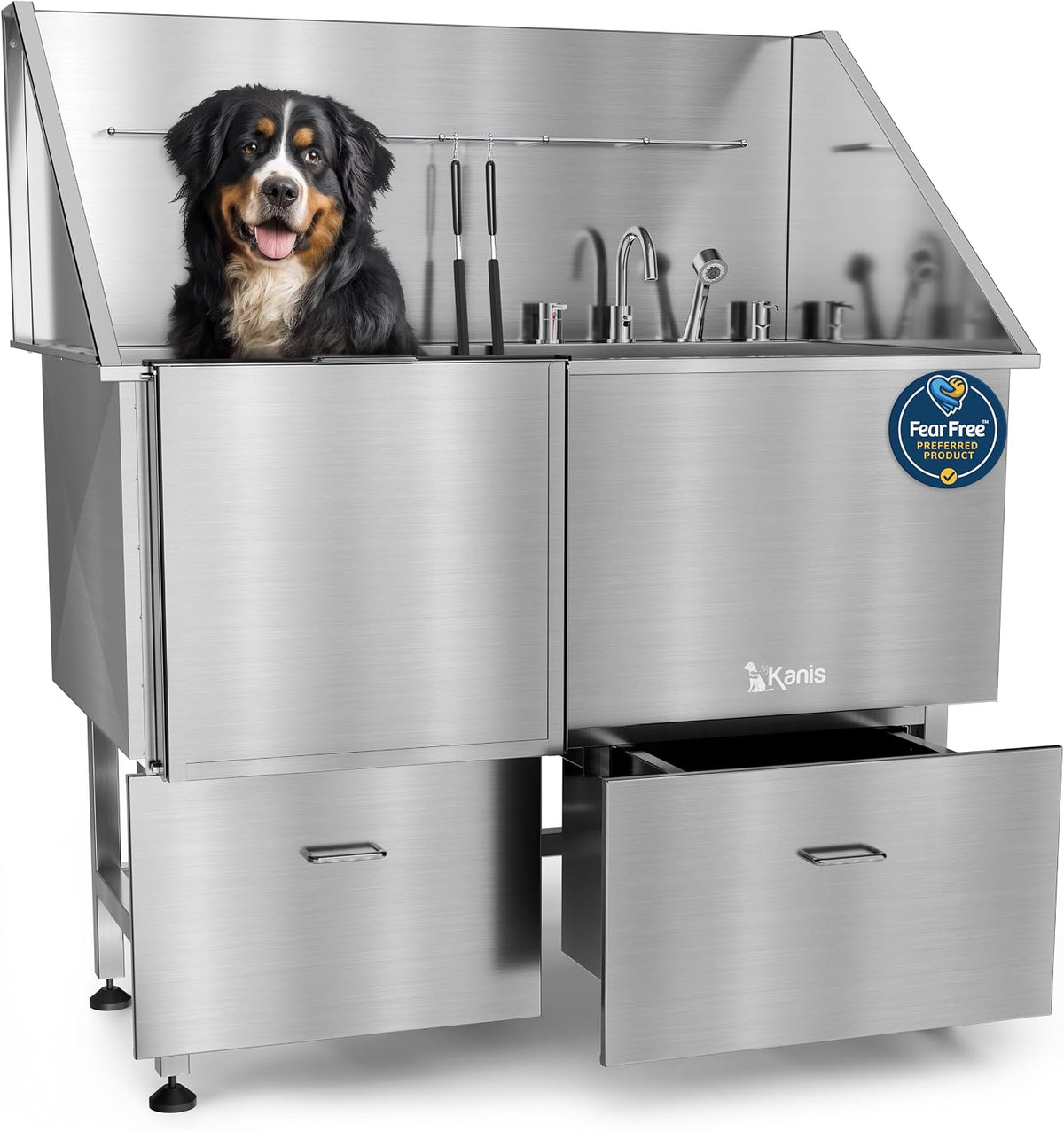 Professional Dog Washing Station 304 Stainless Steel Pets Grooming Tub – Essentials for Dogs - Silver, Left Ramp, 2 Drawer / 50 Inches