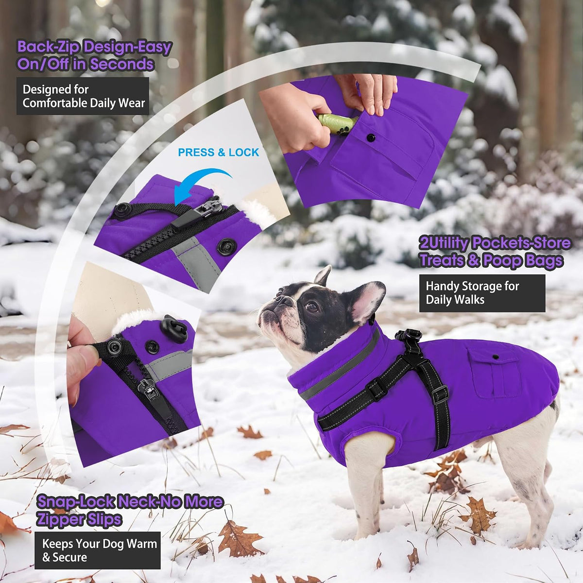 Dogcheer Dog Coat with Harness - Purple / X-Small(Chest:13.3"Back:9.8" Neck:10.2") - image 4