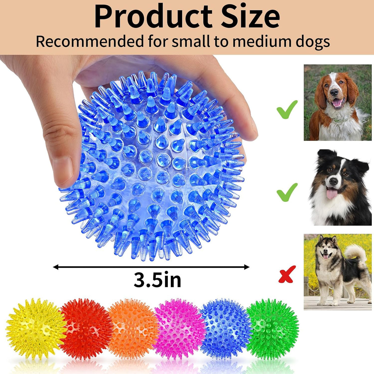 6 Pack Squeaky Spiky Dog Balls, Puppy Chew Toys for Teething - Medium - image 2