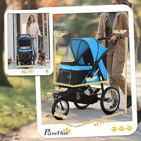 PawHut 3 Wheels Pet Stroller for Small and Medium Dogs, Foldable Cat Stroller Jogger with Adjustable Canopy, Safety Tether, Cushion, Storage Basket, Blue
