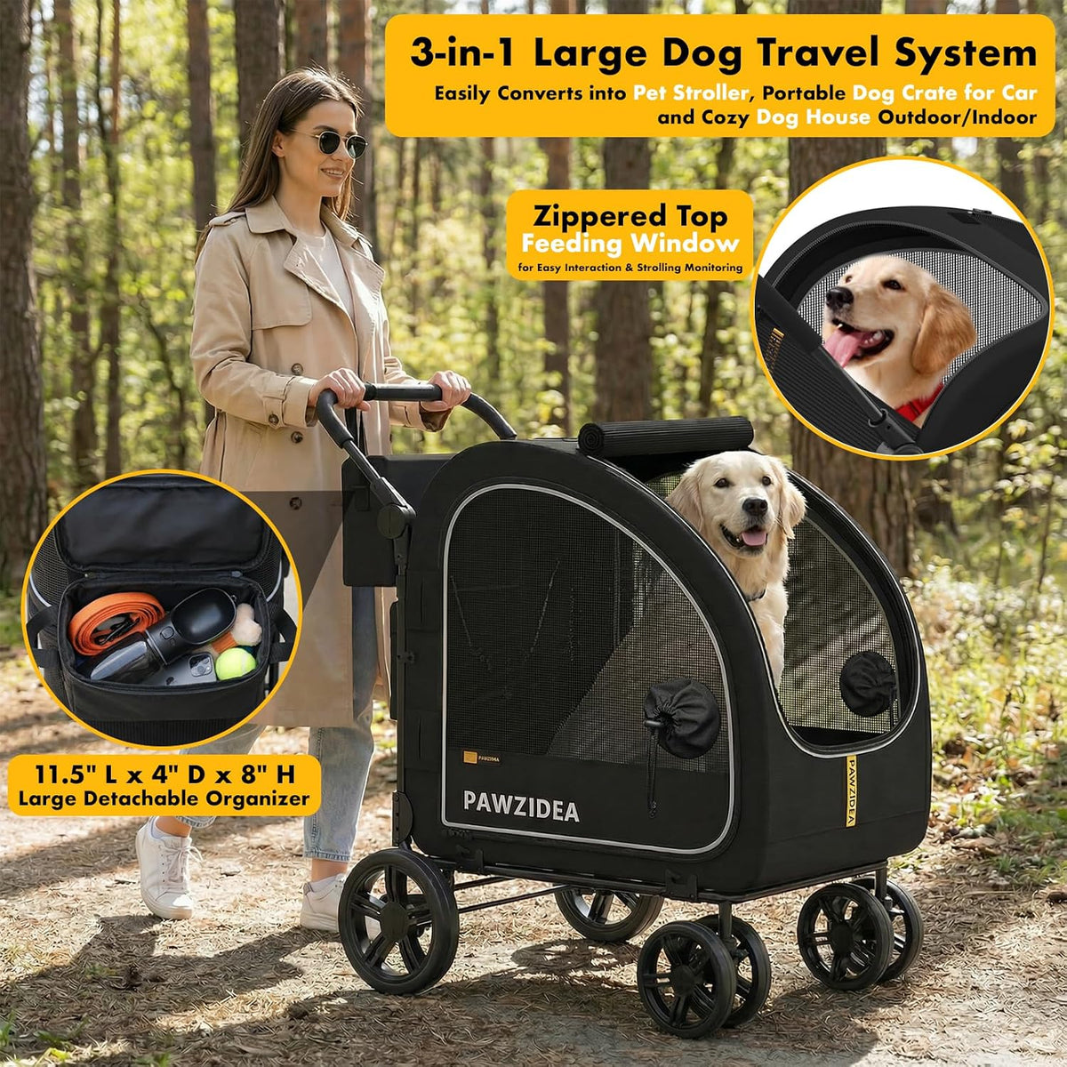 PAWZIDEA 3-in-1 Large Dog Stroller with Detachable Carrier - Black Warrior - image 3