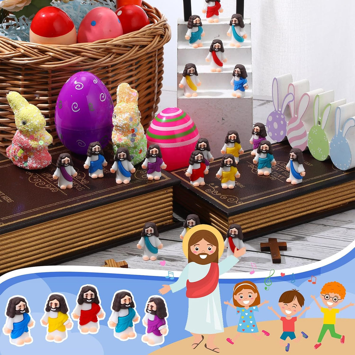 Bememo 50 pack little Jesus figurines in red, blue, purple, yellow and cyan - view 6