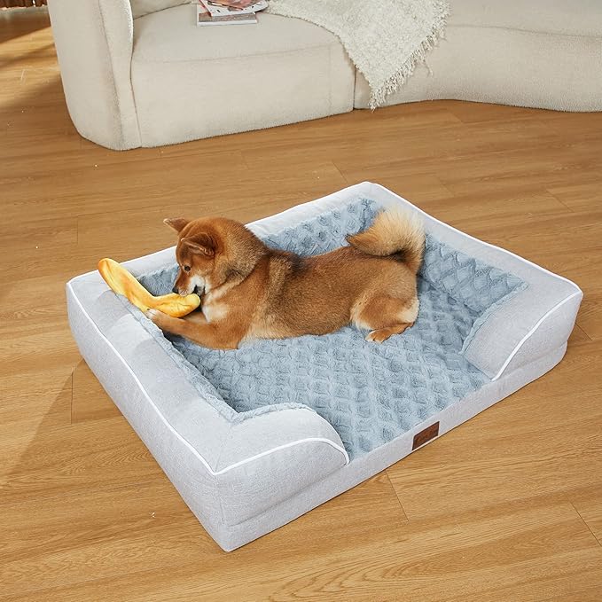 Orthopedic XXL Dog Bed for Extra Large Dogs, Waterproof Memory Foam Dog Beds with Sides, Egg-Crate Foam and Non-Slip Bottom Dogs Couch Beds with Washable Removable Cover(XX-Large,Light Grey)