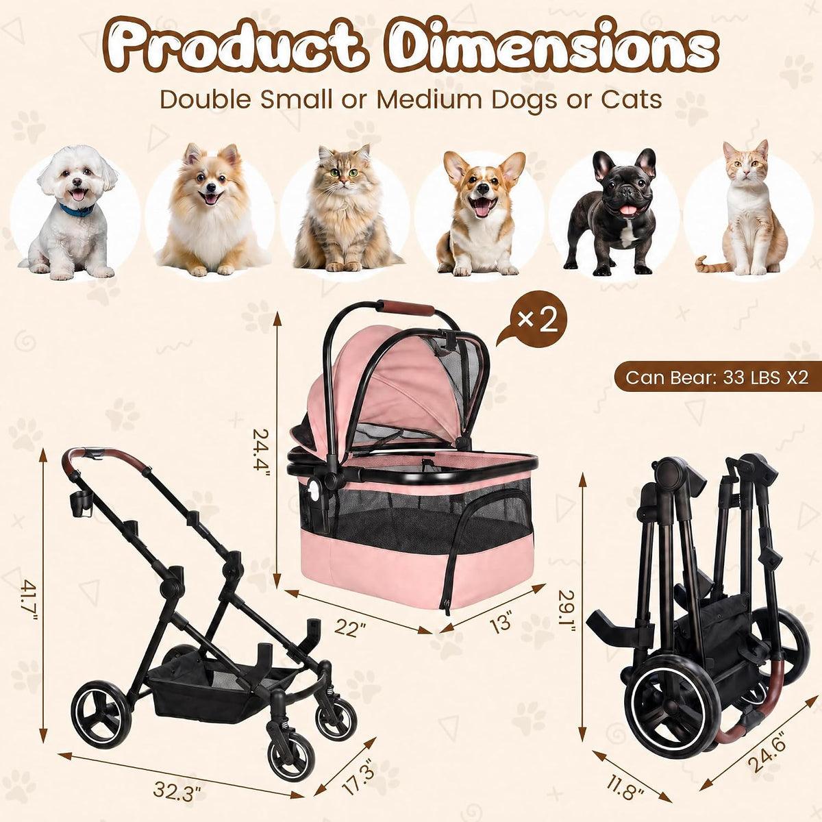 Foldable Double Pet Stroller for 2 Small Medium Cats Dogs – Essentials for Cats - Pink / Double - image 3