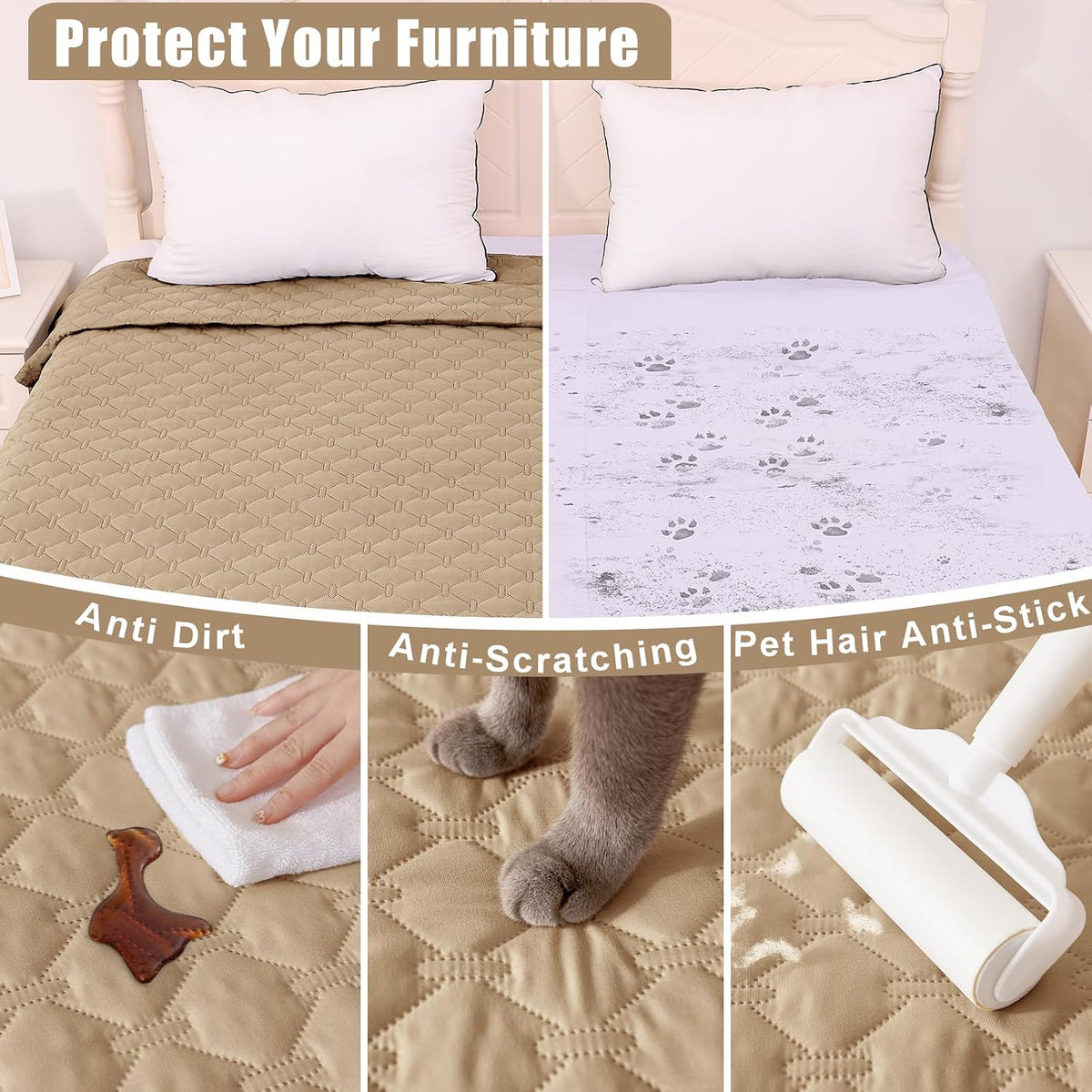 Smiry Waterproof Dog Bed Cover - Camel/Beige / Plaid / 82x82 Inch - image 2