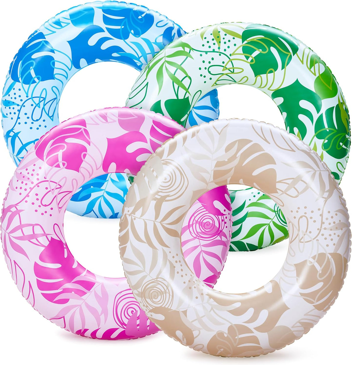 Sloosh 4 Pack Inflatable Pool Floats, Pool Tube Rings - Tropical Leaves