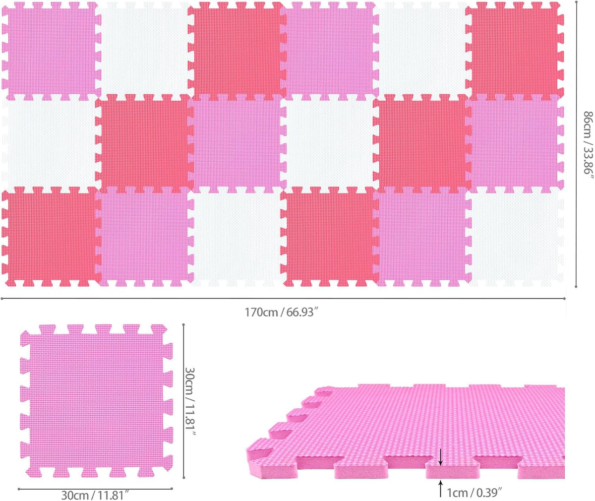 qqpp EVA Rubber 18 Tiles Interlocking Puzzle Foam Floor Mats - 18 Tiles / 3 White, Pink, Red - image 2